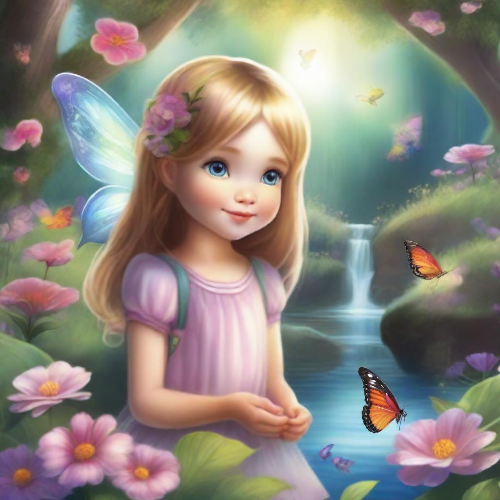 A young girl exploring a magical fairy world filled with vibrant flowers, sparkling streams, and fluttering fairies