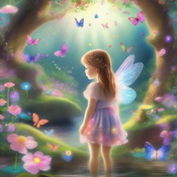 A young girl exploring a magical fairy world filled with vibrant flowers, sparkling streams, and fluttering fairies