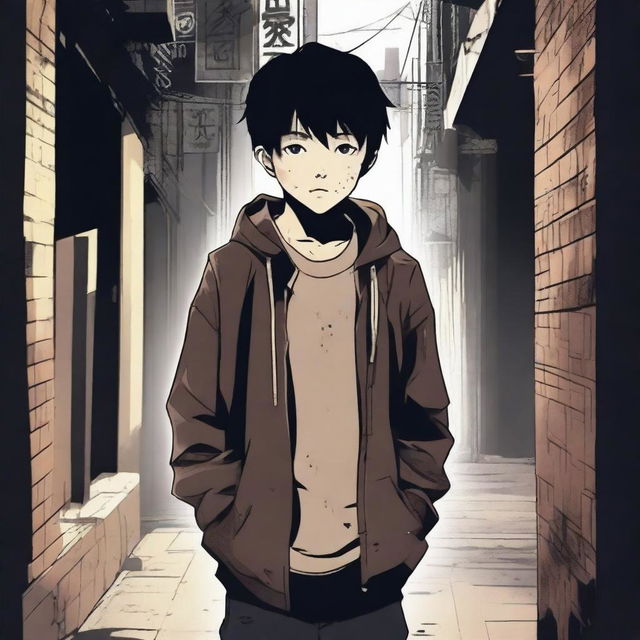 A scene depicting a distressed Asian teenager in an alleyway, with signs of having been beaten