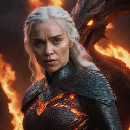 A realistic portrait of an enraged Daenerys Targaryen in a glowing lava armor, with a commanding dragon set as the backdrop