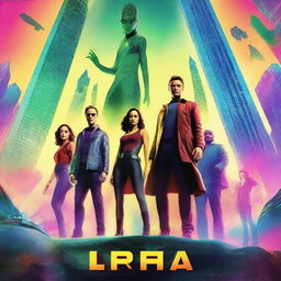 A vibrant and captivating movie poster featuring a dynamic scene with main characters in action poses