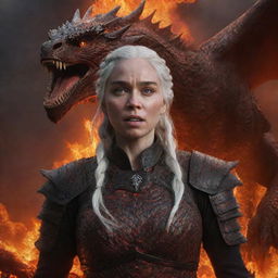 A realistic portrait of an enraged Daenerys Targaryen in a glowing lava armor, with a commanding dragon set as the backdrop