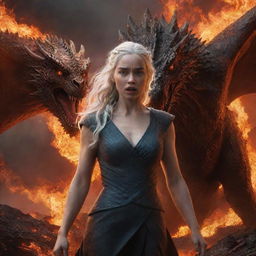 A realistic depiction of a furious Daenerys Targaryen, devoid of armor but enveloped in radiant lava energy, with a formidable dragon in the background