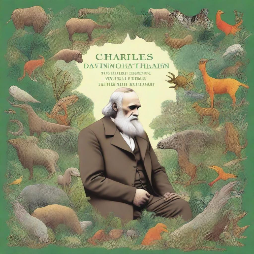 A detailed illustration showing Charles Darwin contemplating evolution, surrounded by various species of animals and plants