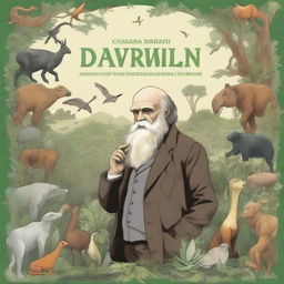 A detailed illustration showing Charles Darwin contemplating evolution, surrounded by various species of animals and plants