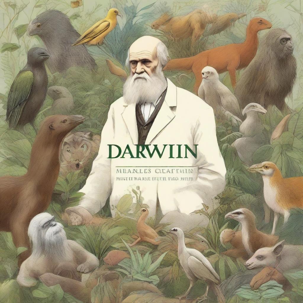 A detailed illustration showing Charles Darwin contemplating evolution, surrounded by various species of animals and plants