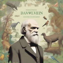 A detailed illustration showing Charles Darwin contemplating evolution, surrounded by various species of animals and plants