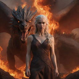 A realistic depiction of a furious Daenerys Targaryen, devoid of armor but enveloped in radiant lava energy, with a formidable dragon in the background