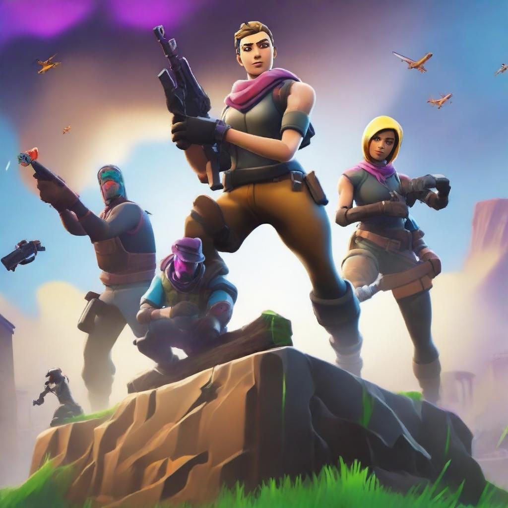 Create a Fortnite placement thumbnail featuring vibrant colors, dynamic action poses, and popular Fortnite characters in an exciting battle scene