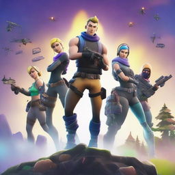 Create a Fortnite placement thumbnail featuring vibrant colors, dynamic action poses, and popular Fortnite characters in an exciting battle scene