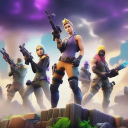 Create a Fortnite placement thumbnail featuring vibrant colors, dynamic action poses, and popular Fortnite characters in an exciting battle scene