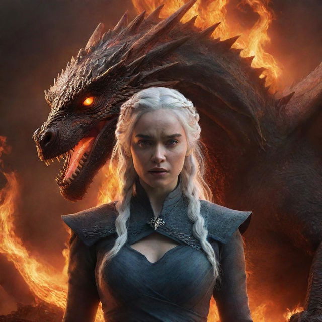 A realistic depiction of a furious Daenerys Targaryen, devoid of armor but enveloped in radiant lava energy, with a formidable dragon in the background