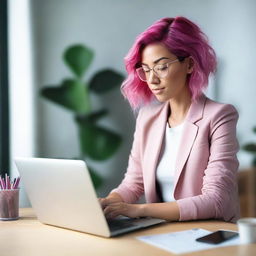 A woman is sitting at her desk with an open laptop in front of her