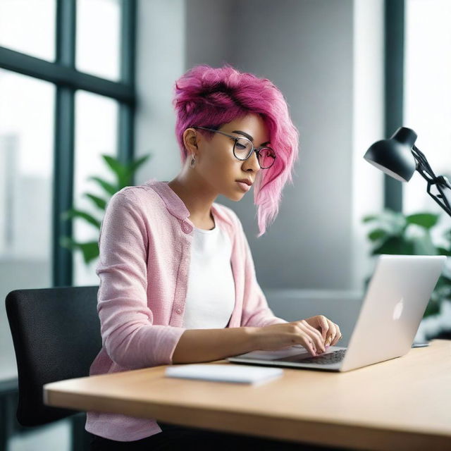 A woman is sitting at her desk with an open laptop in front of her