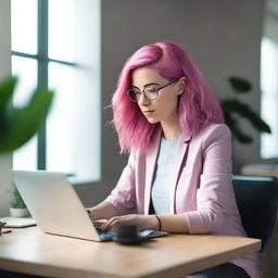 A woman is sitting at her desk with an open laptop in front of her