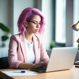 A woman is sitting at her desk with an open laptop in front of her