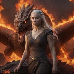 A realistic depiction of a furious Daenerys Targaryen, devoid of armor but enveloped in radiant lava energy, with a formidable dragon in the background