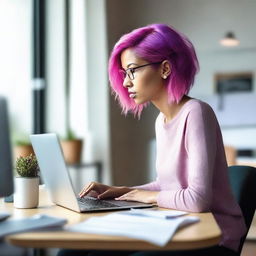 A woman is sitting at her desk with an open laptop in front of her