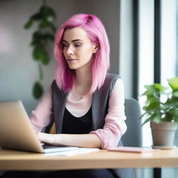 A woman is sitting at her desk with an open laptop in front of her