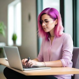 A woman is sitting at her desk with an open laptop in front of her