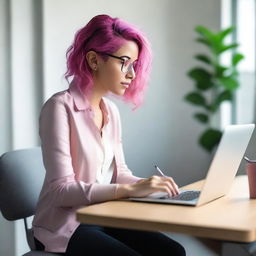 A woman is sitting at her desk with an open laptop in front of her