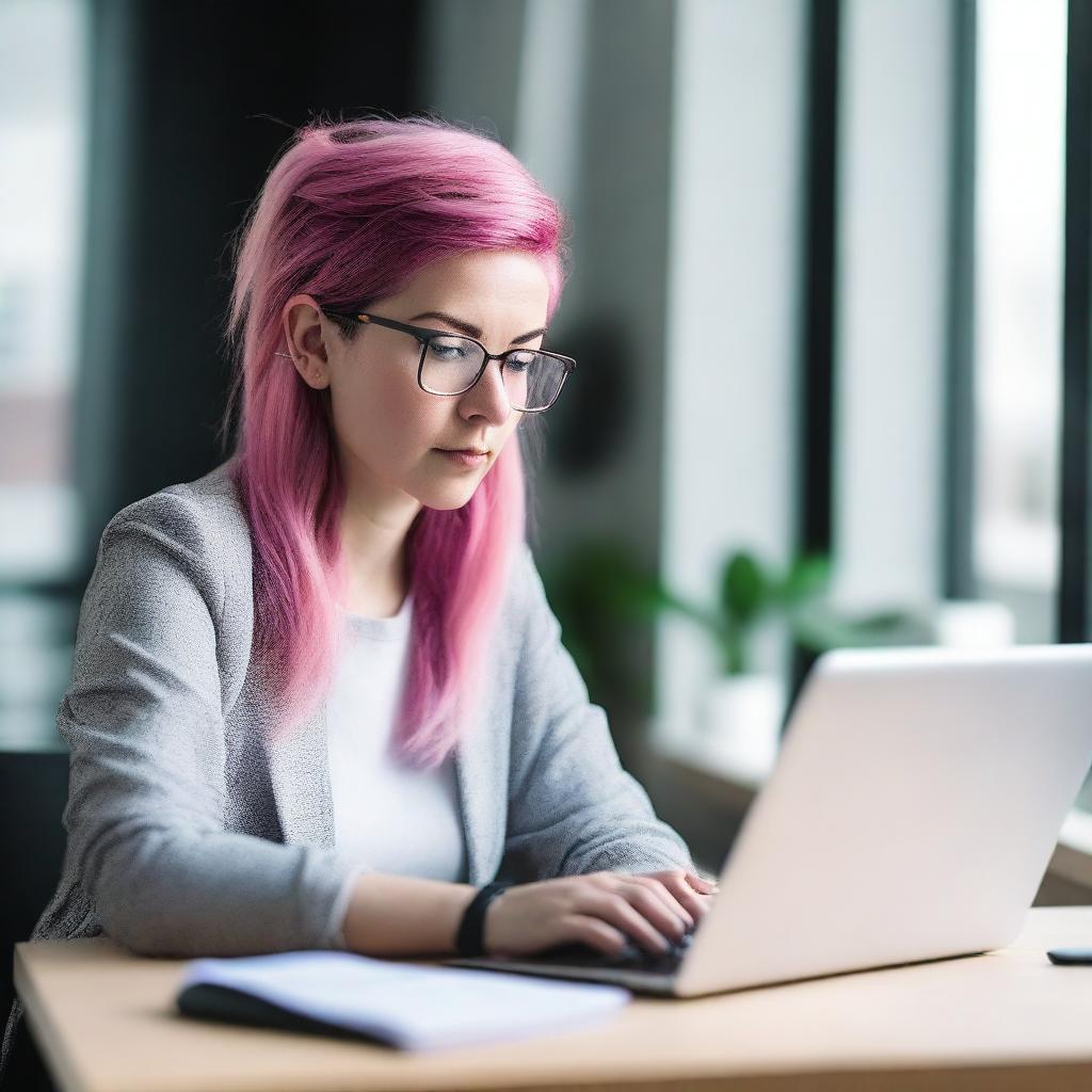 A woman is sitting at her desk with an open laptop in front of her