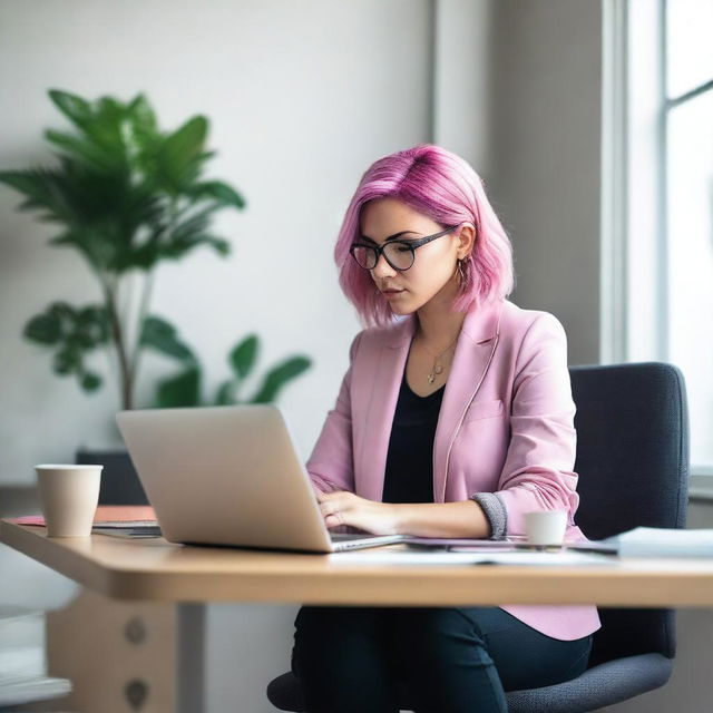 A woman is sitting at her desk with an open laptop in front of her