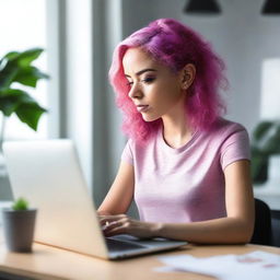 A woman is sitting at her desk with an open laptop in front of her