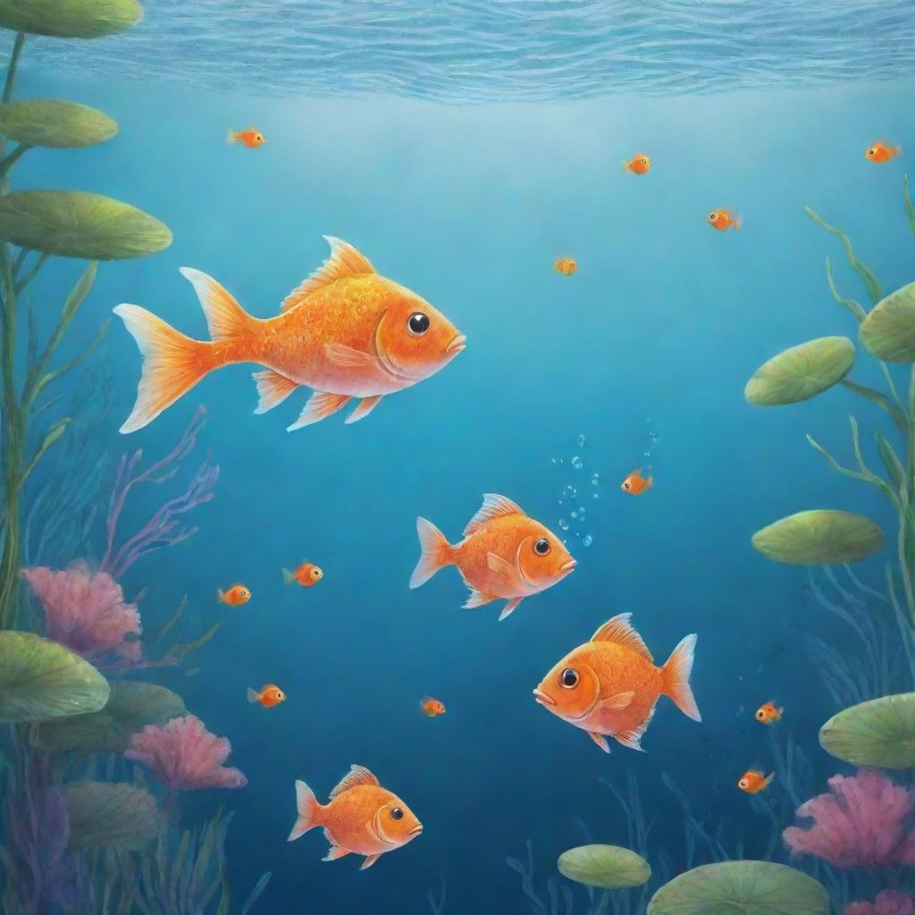 A magical, easy-to-draw cartoon scene for a children's book showing Finn, Fiona, and Freddie the Fish, thanks to a sprinkle of Freddie's fish magic, able to breathe and joyfully explore the enchanted underwater lake world.