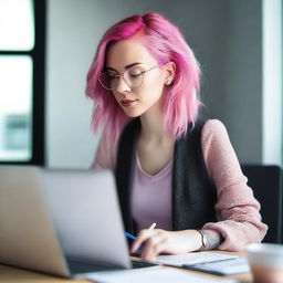 A woman is sitting at her desk with an open laptop in front of her