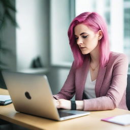 A woman is sitting at her desk with an open laptop in front of her