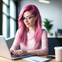 A woman is sitting at her desk with an open laptop in front of her