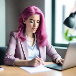 A woman is sitting at her desk with an open laptop in front of her