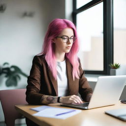 A woman is sitting at her desk with an open laptop in front of her