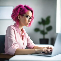 A woman is sitting at her desk with an open laptop in front of her