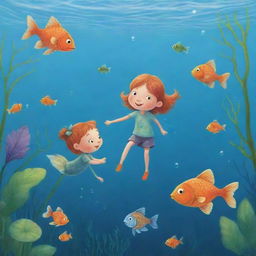 A magical, easy-to-draw cartoon scene for a children's book showing Finn, Fiona, and Freddie the Fish, thanks to a sprinkle of Freddie's fish magic, able to breathe and joyfully explore the enchanted underwater lake world.