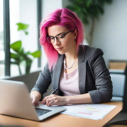 A woman is sitting at her desk with an open laptop in front of her