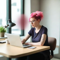 A woman is sitting at her desk with an open laptop in front of her