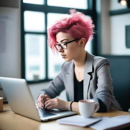 A woman is sitting at her desk with an open laptop in front of her