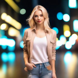 A blonde girl with a confident and alluring expression, dressed in stylish and trendy clothes