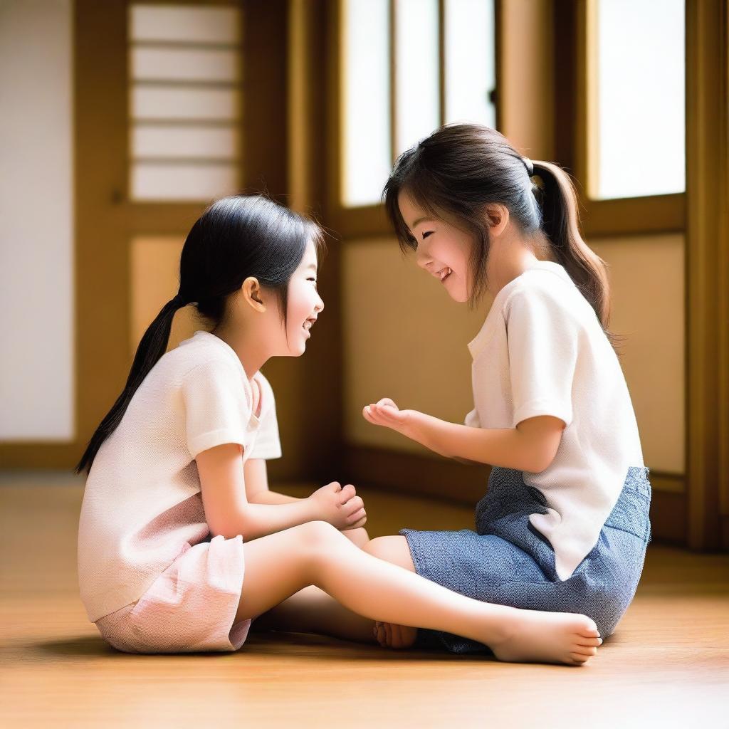 A Japanese teenage girl, around 16 years old, interacting with a younger child in a playful manner