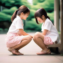 A Japanese teenage girl, around 16 years old, interacting with a younger child in a playful manner