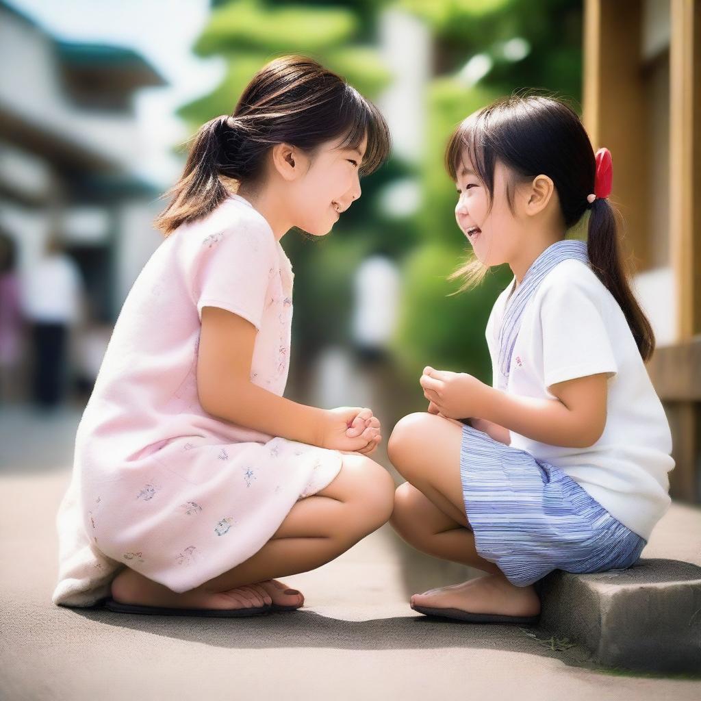 A Japanese teenage girl, around 16 years old, interacting with a younger child in a playful manner