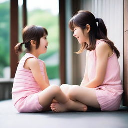 A Japanese teenage girl, around 16 years old, interacting with a younger child in a playful manner