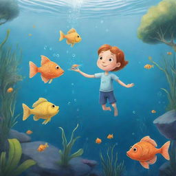 A magical, easy-to-draw cartoon scene for a children's book showing Finn, Fiona, and Freddie the Fish, thanks to a sprinkle of Freddie's fish magic, able to breathe and joyfully explore the enchanted underwater lake world.