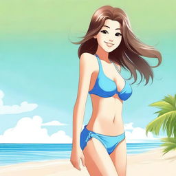 A playful girl in a bikini with a teasing expression, enjoying a sunny day at the beach