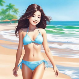 A playful girl in a bikini with a teasing expression, enjoying a sunny day at the beach