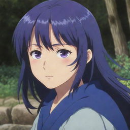 A young girl from the anime 'Akatsuki no Yona', with dark blue hair cascading down her back and shimmering purple eyes filled with determination.