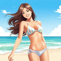 A playful girl in a bikini with a teasing expression, enjoying a sunny day at the beach