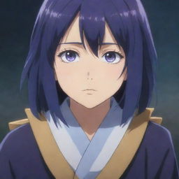 A young girl from the anime 'Akatsuki no Yona', with dark blue hair cascading down her back and shimmering purple eyes filled with determination.